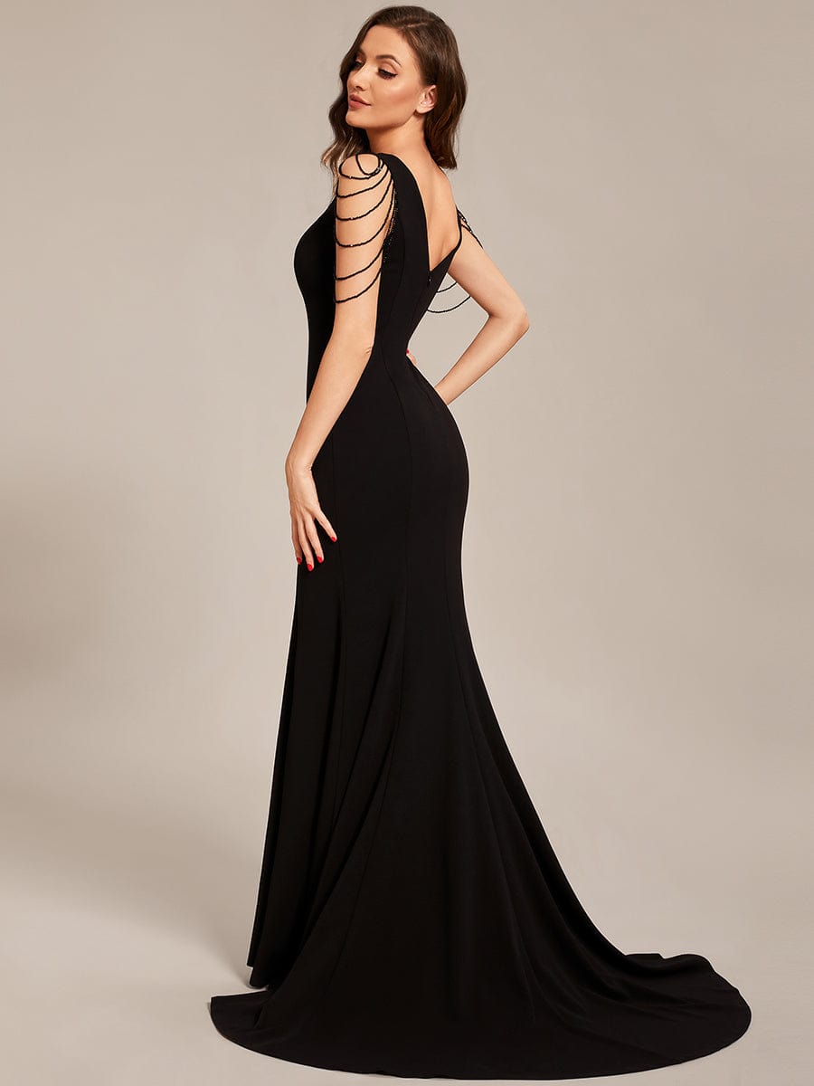 Custom Size V Neck Strectch Crepe High Front Slit Bodycon Prom Dress #color_Black
