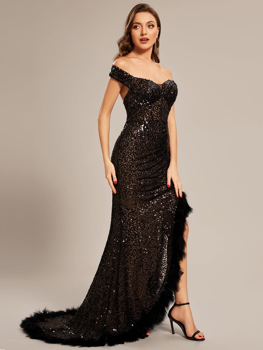 Custom Size Sexy Off Shoulder Sequin Feather High Front Slit Prom Dress