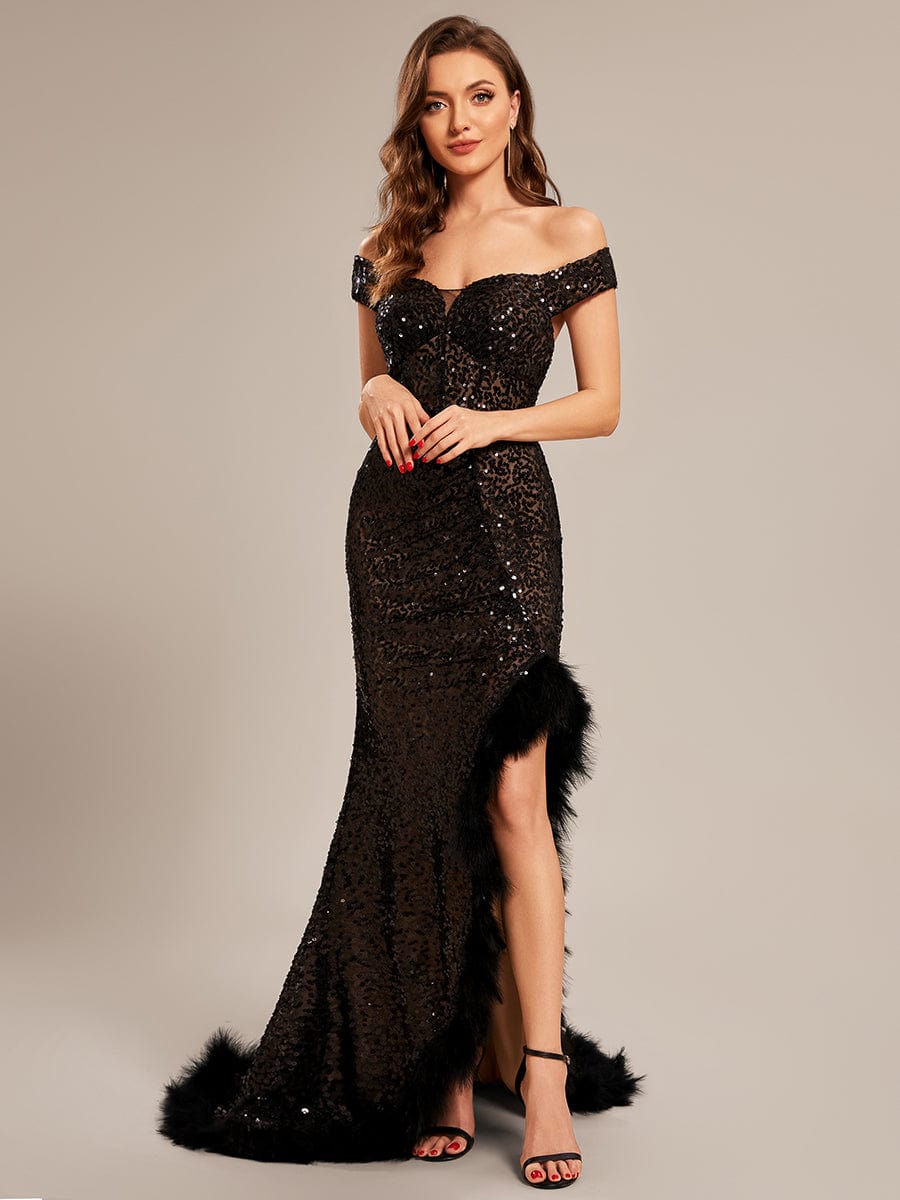 Custom Size Sexy Off Shoulder Sequin Feather High Front Slit Prom Dress