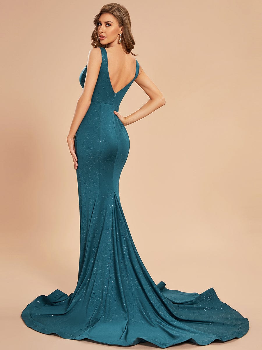 Custom Size Sleeveless Glitter High Stretch Bodycon Mermaid Train Formal Dress #color_Teal