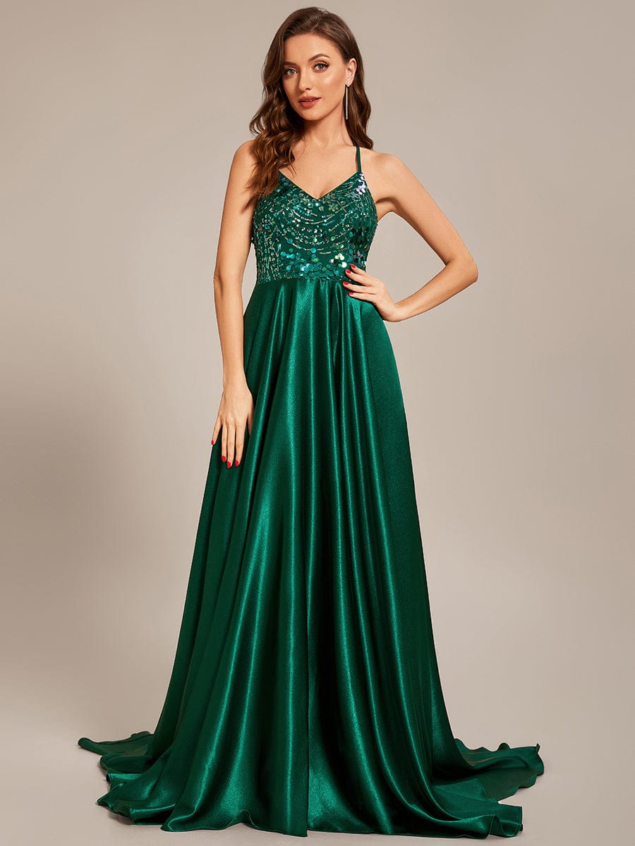 Custom Size V-neck Glitter halter long Prom Dress #color_Dark Green