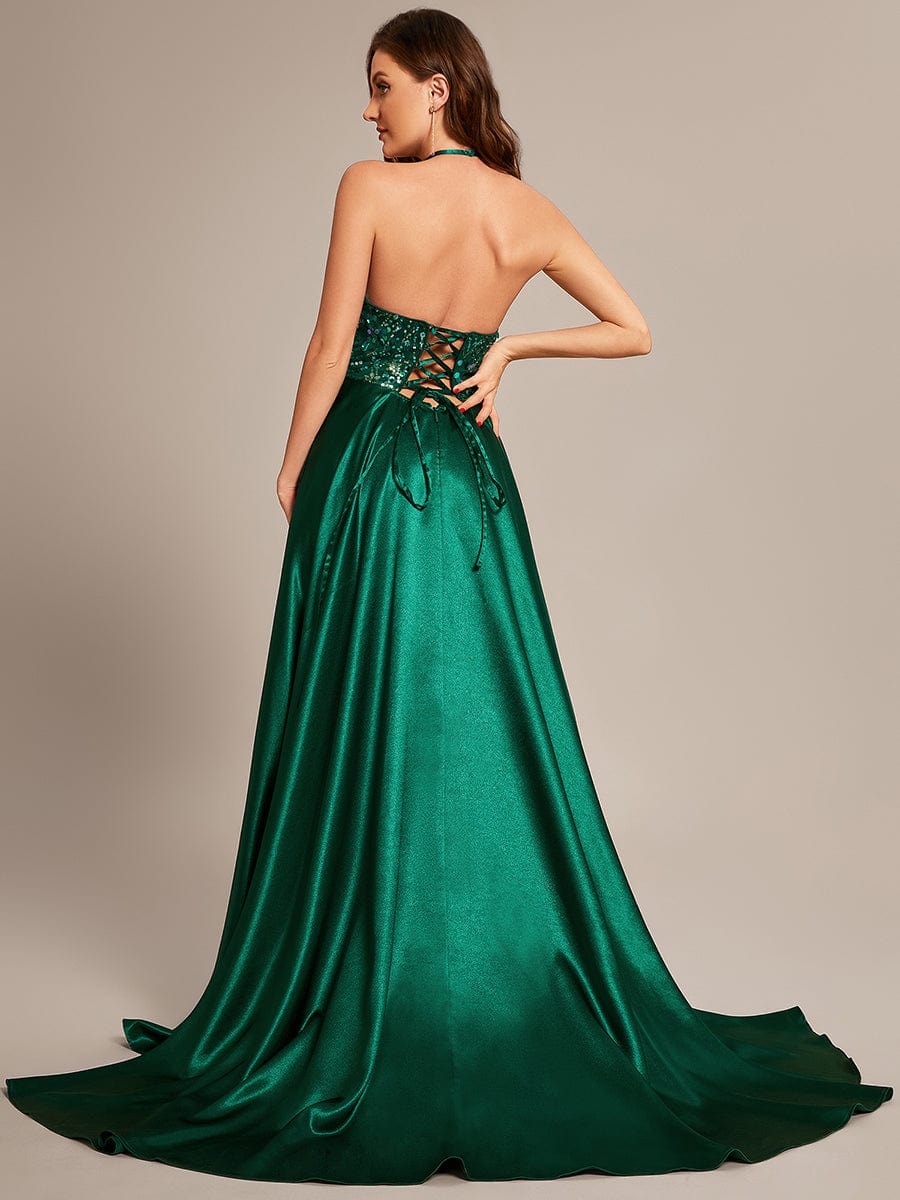 Custom Size V-neck Glitter halter long Prom Dress #color_Dark Green