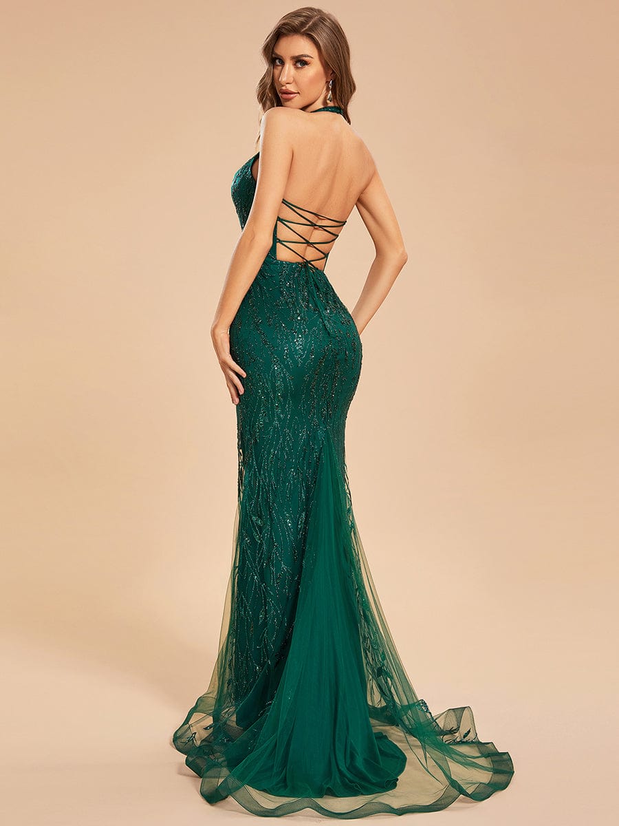 Custom Size Shinning Halter V-Neck Bodycon Back Lace-Up Mermaid Prom Dress  #color_Dark Green