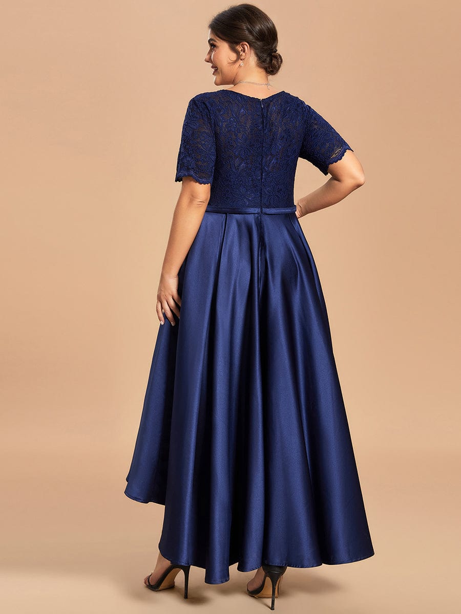 Custom Size Lace Top A-Line Round Neck Satin Mother of the Bride Dress #color_Navy Blue