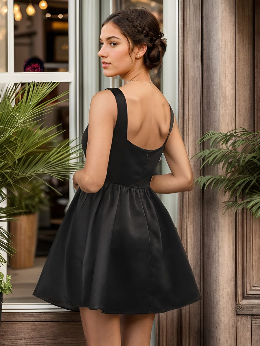 Chic Square Neck Open Back A-line Satin Homecoming Dress #color_Black