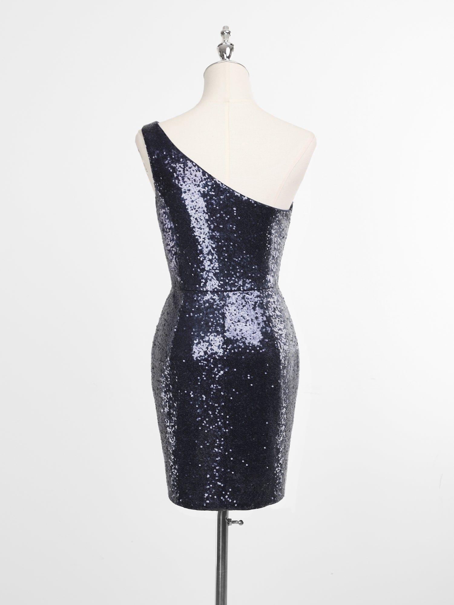 Plus Size Shiny One Shoulder Sequin Bodycon Sleeveless Homecoming Dress #color_Navy Blue