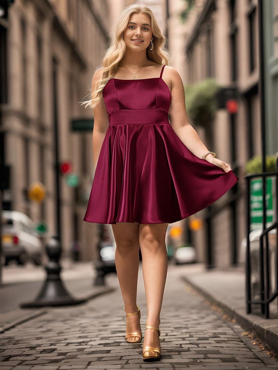 Plus Size Satin Spaghetti Strap Backless A-Line Short Homecoming Dress #color_Burgundy