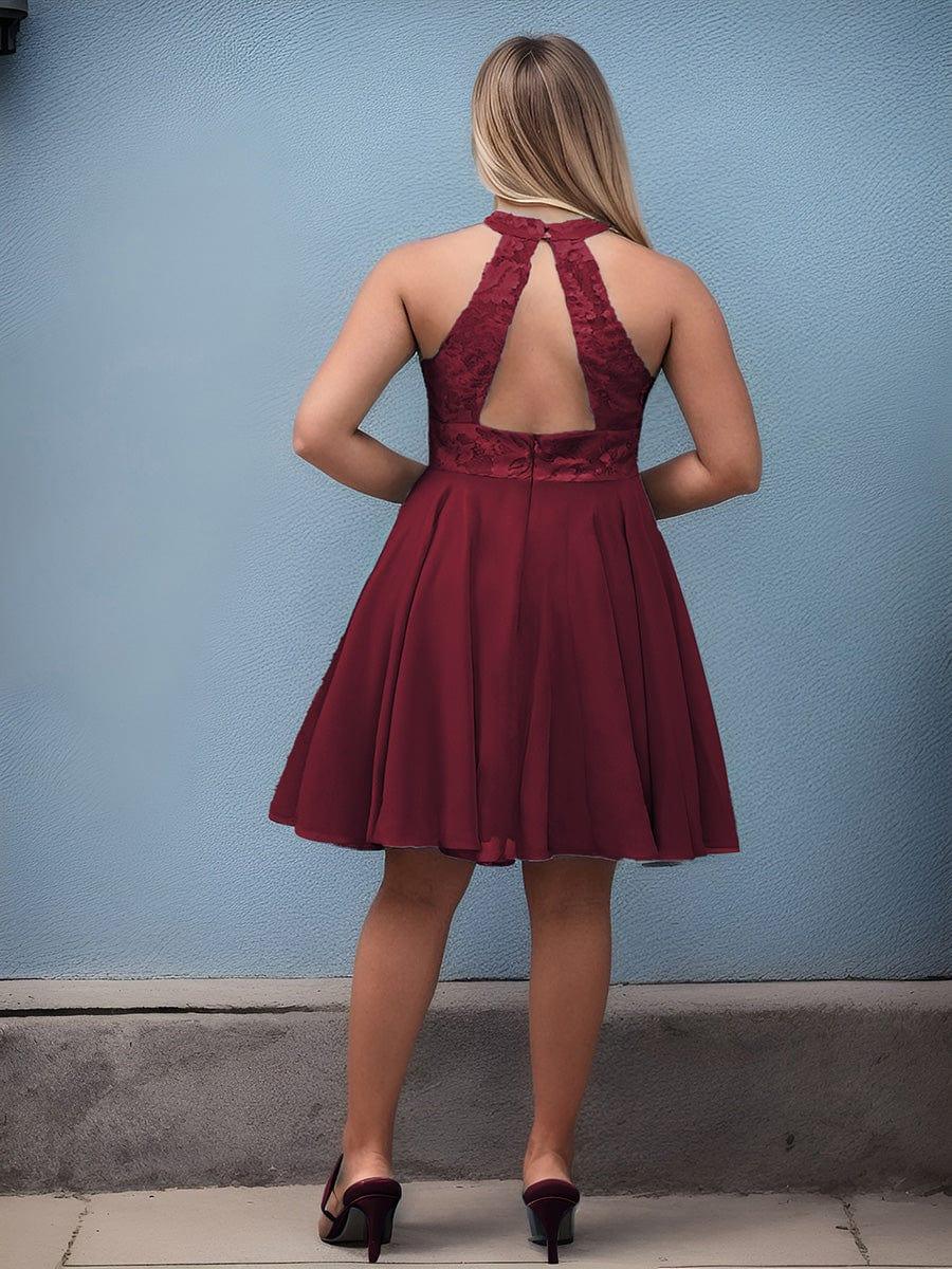 Plus Size Short Lace Halter Neck Backless Chiffon Homecoming Dress #color_Burgundy