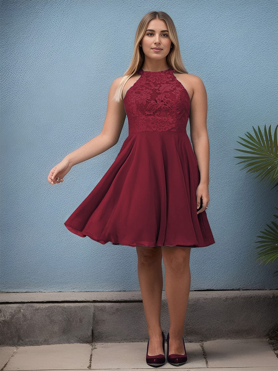 Plus Size Short Lace Halter Neck Backless Chiffon Homecoming Dress #color_Burgundy
