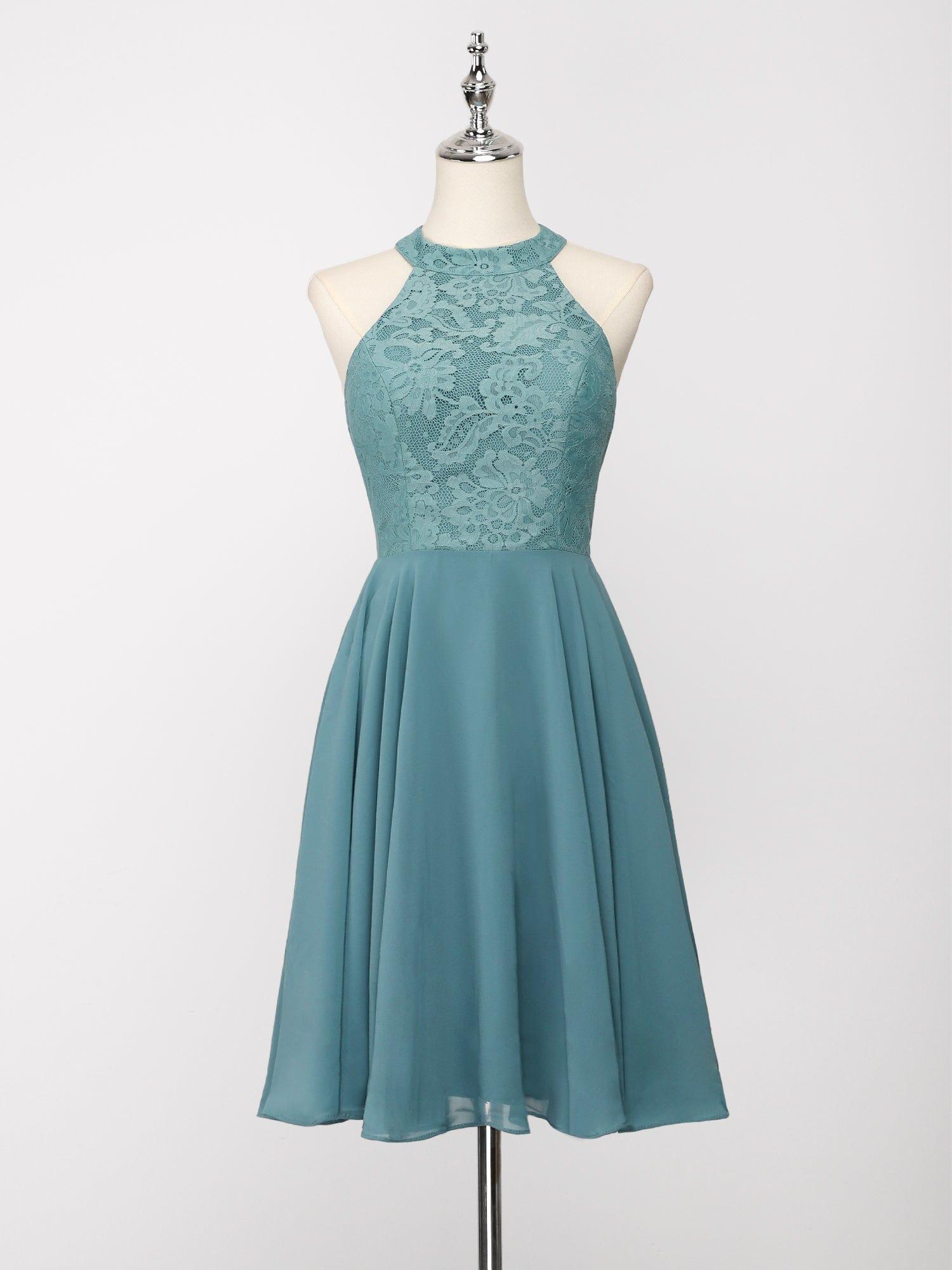 Plus Size Short Lace Halter Neck Backless Chiffon Homecoming Dress #color_Light Teal