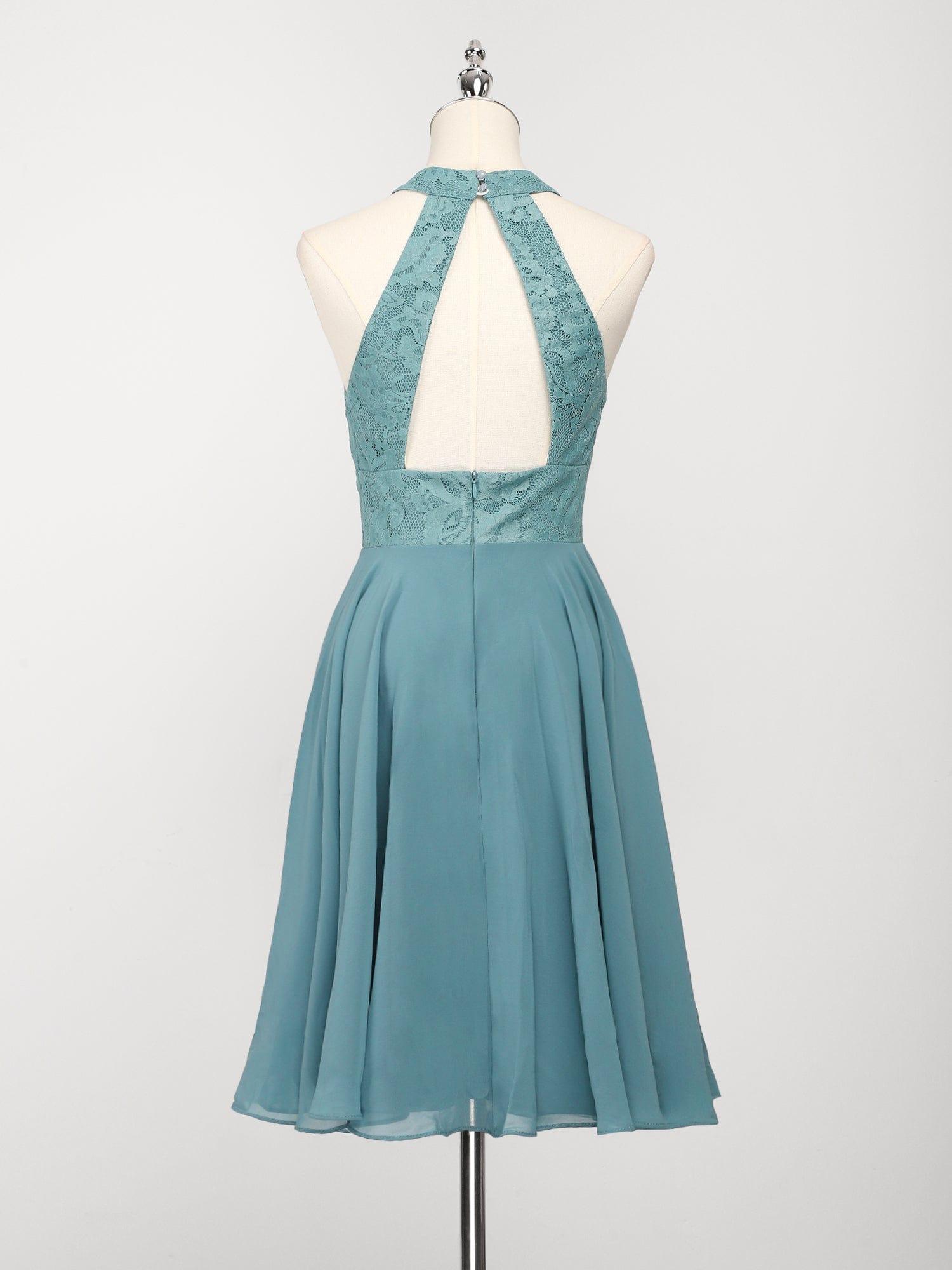 Plus Size Short Lace Halter Neck Backless Chiffon Homecoming Dress #color_Light Teal