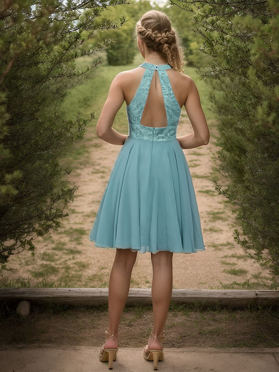 Short Lace Halter Neck Backless Chiffon Homecoming Dress #color_Dusty Blue