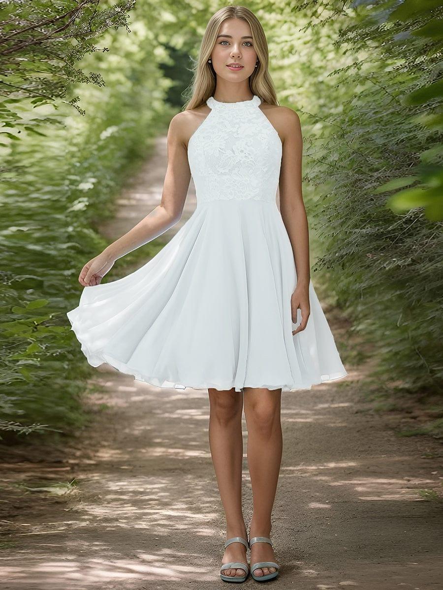 Short Lace Halter Neck Backless Chiffon Homecoming Dress #color_White