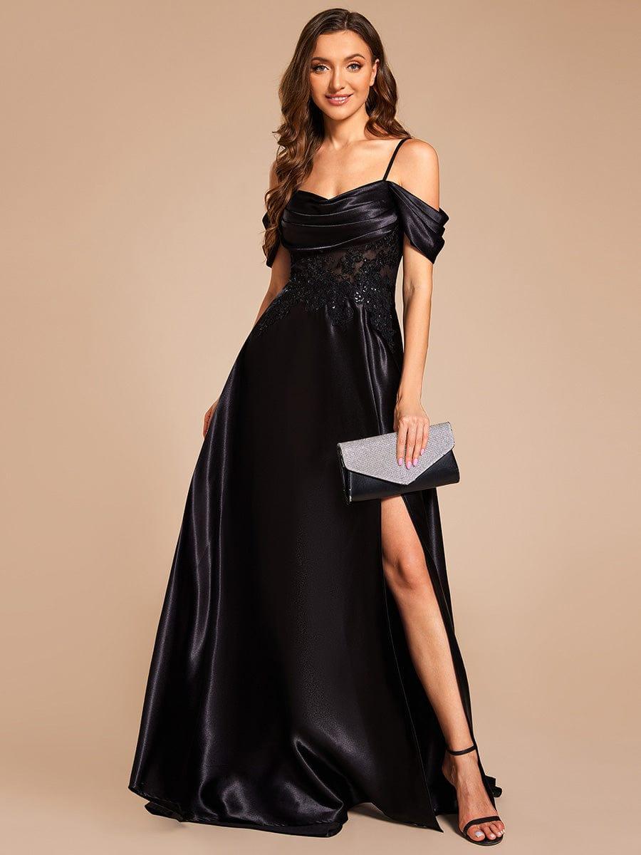 Custom Size A-line Sweetheart Neckline Spaghetti Straps Appliques Satin Evening Dress #color_Black