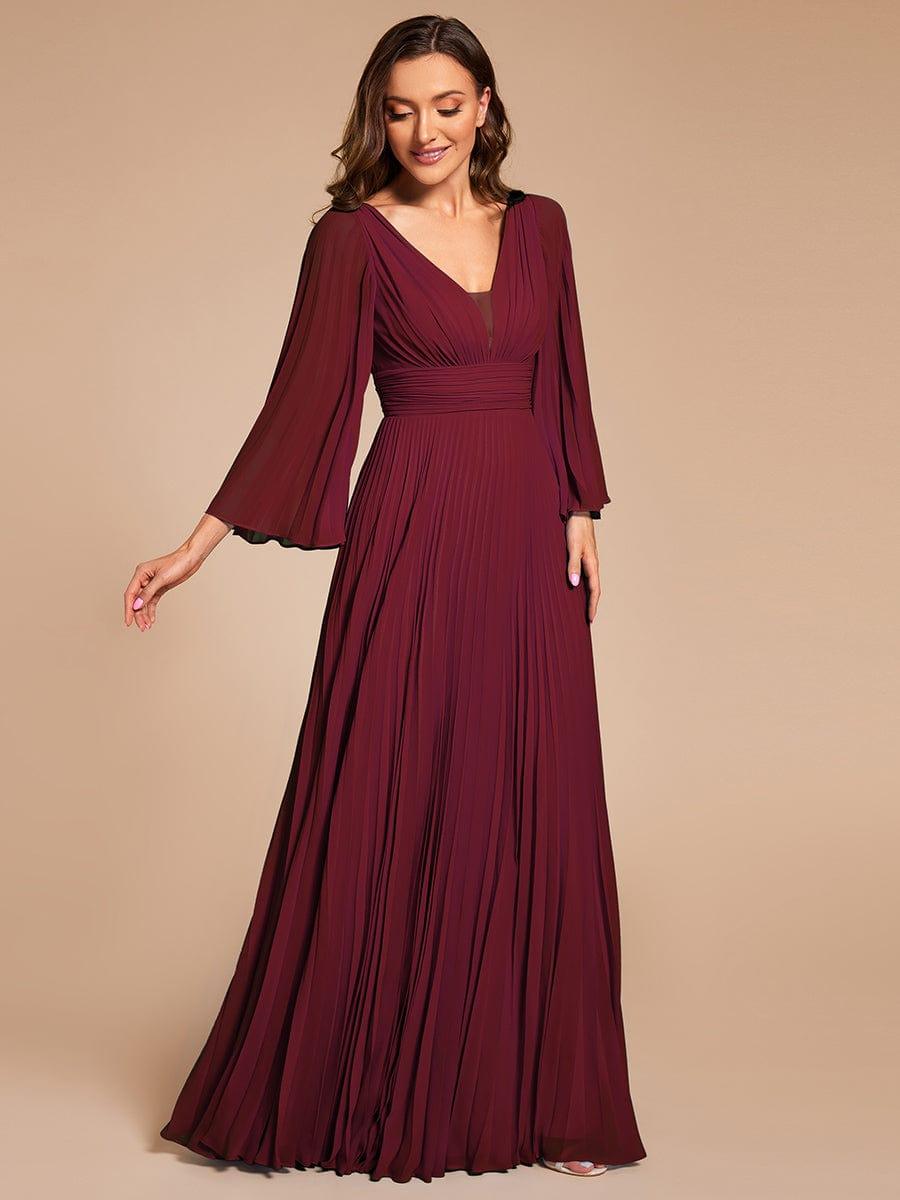 Custom Size Deep V-neck A-line Ruffles Sleeves Floor Length Chiffon Evening Dress #color_Burgundy
