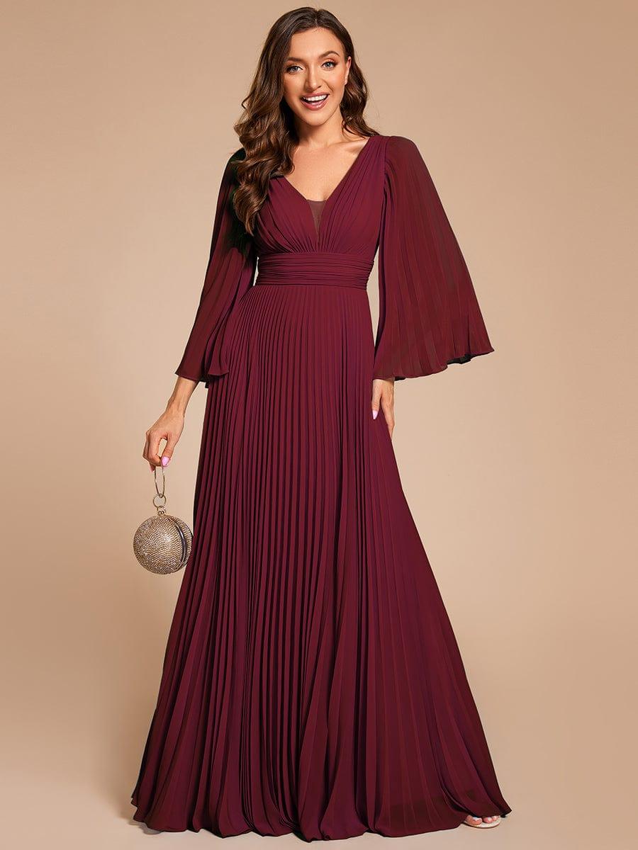 Custom Size Deep V-neck A-line Ruffles Sleeves Floor Length Chiffon Evening Dress #color_Burgundy