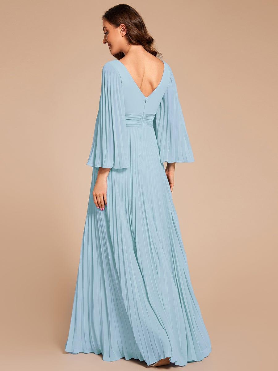 Custom Size Deep V-neck A-line Ruffles Sleeves Floor Length Chiffon Evening Dress #color_Sky Blue