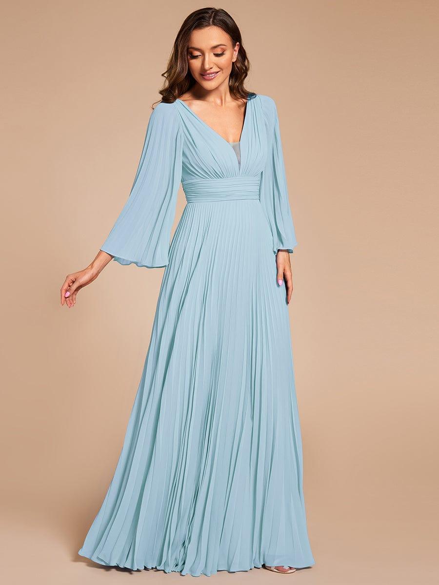 Custom Size Deep V-neck A-line Ruffles Sleeves Floor Length Chiffon Evening Dress #color_Sky Blue