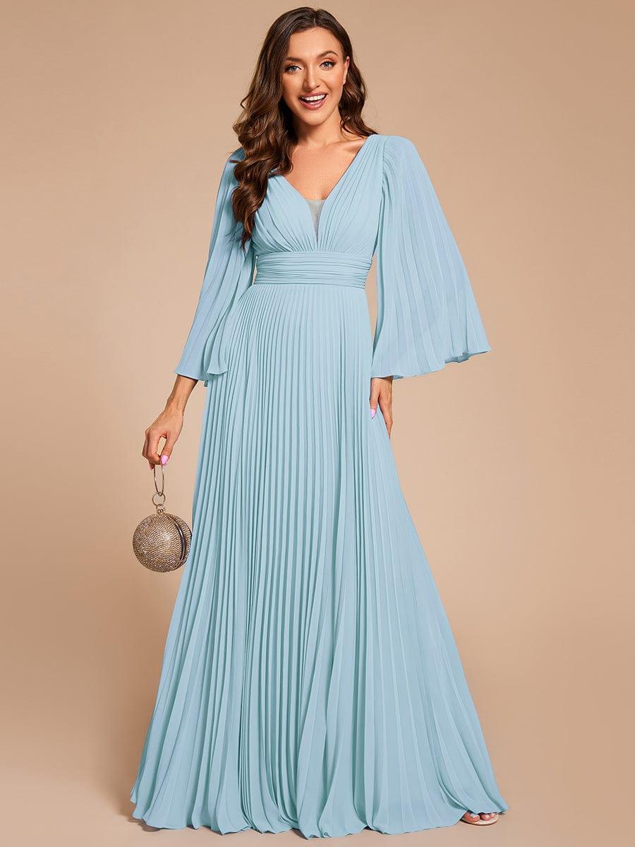 Custom Size Deep V-neck A-line Ruffles Sleeves Floor Length Chiffon Evening Dress #color_Sky Blue