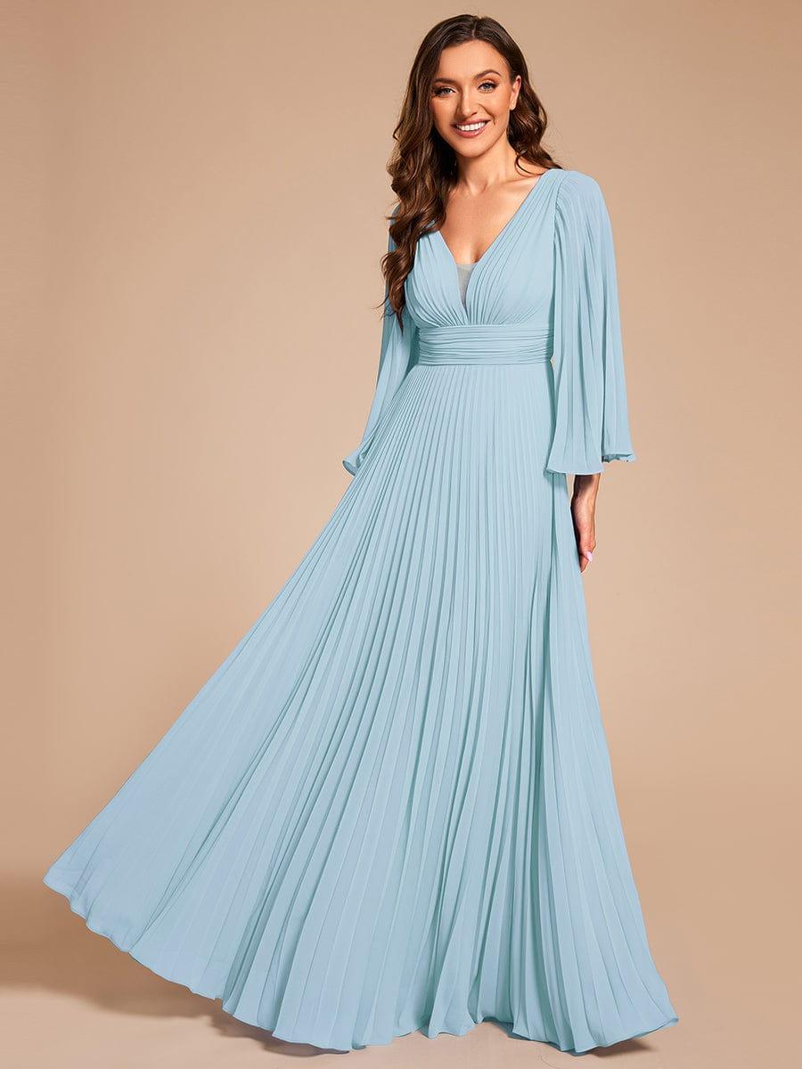 Custom Size Deep V-neck A-line Ruffles Sleeves Floor Length Chiffon Evening Dress #color_Sky Blue