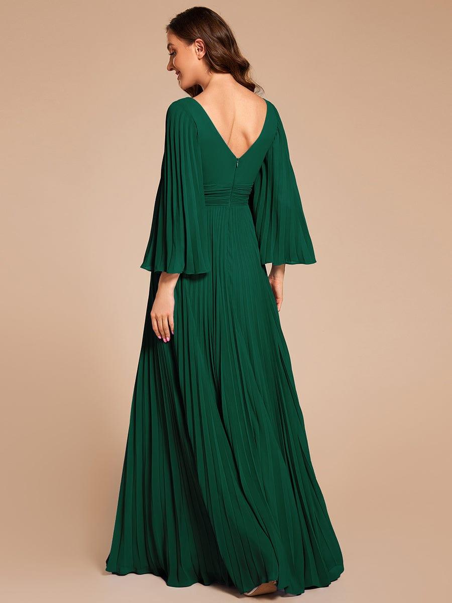 Custom Size Deep V-neck A-line Ruffles Sleeves Floor Length Chiffon Evening Dress #color_Dark Green