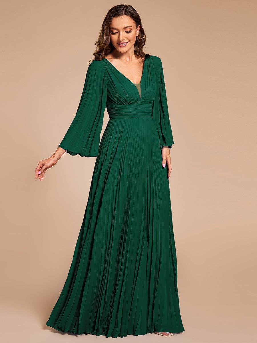 Custom Size Deep V-neck A-line Ruffles Sleeves Floor Length Chiffon Evening Dress #color_Dark Green