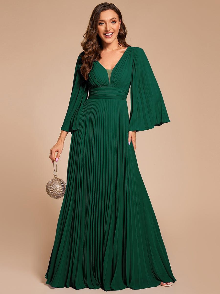 Custom Size Deep V-neck A-line Ruffles Sleeves Floor Length Chiffon Evening Dress #color_Dark Green