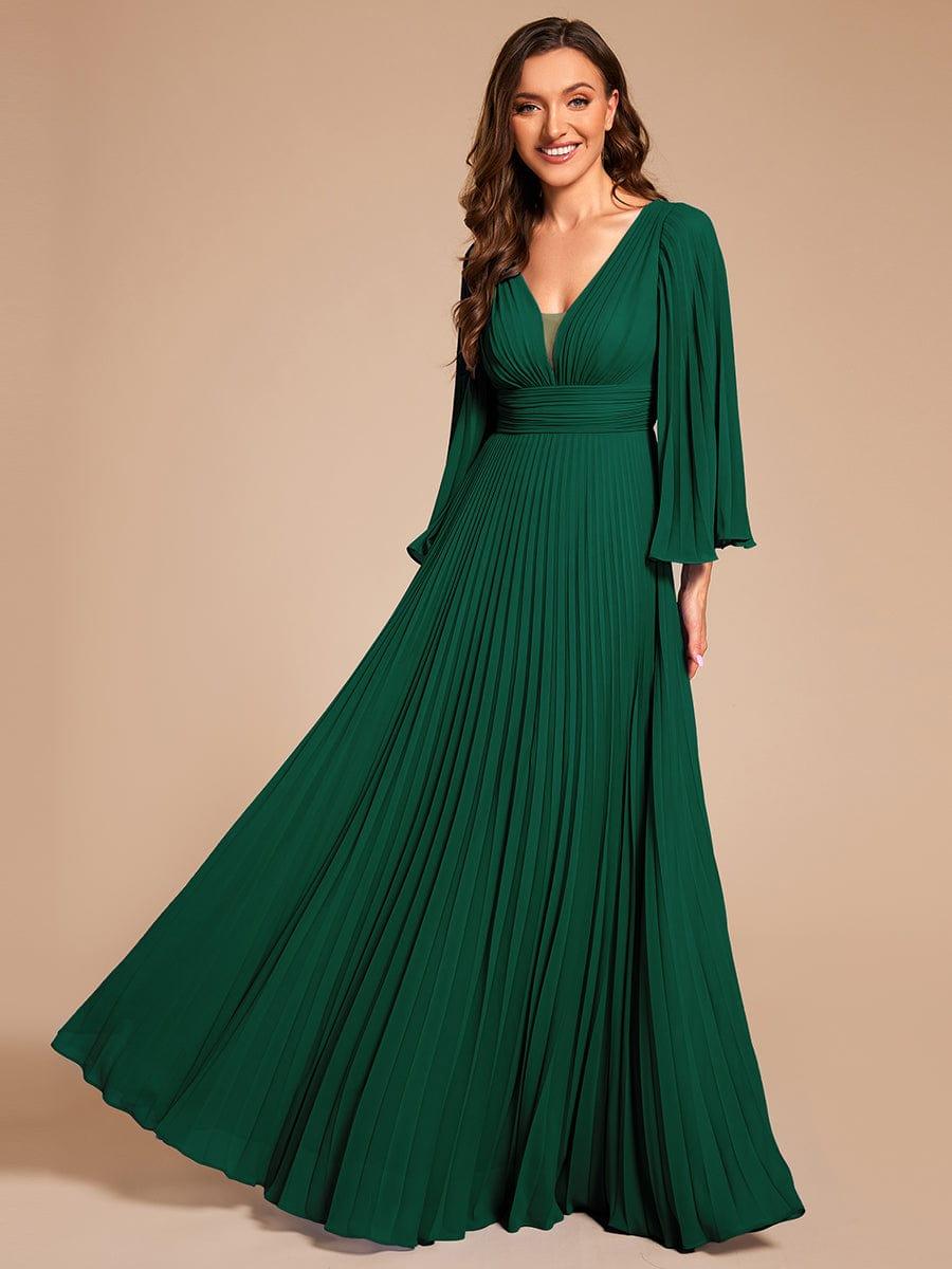 Custom Size Deep V-neck A-line Ruffles Sleeves Floor Length Chiffon Evening Dress #color_Dark Green