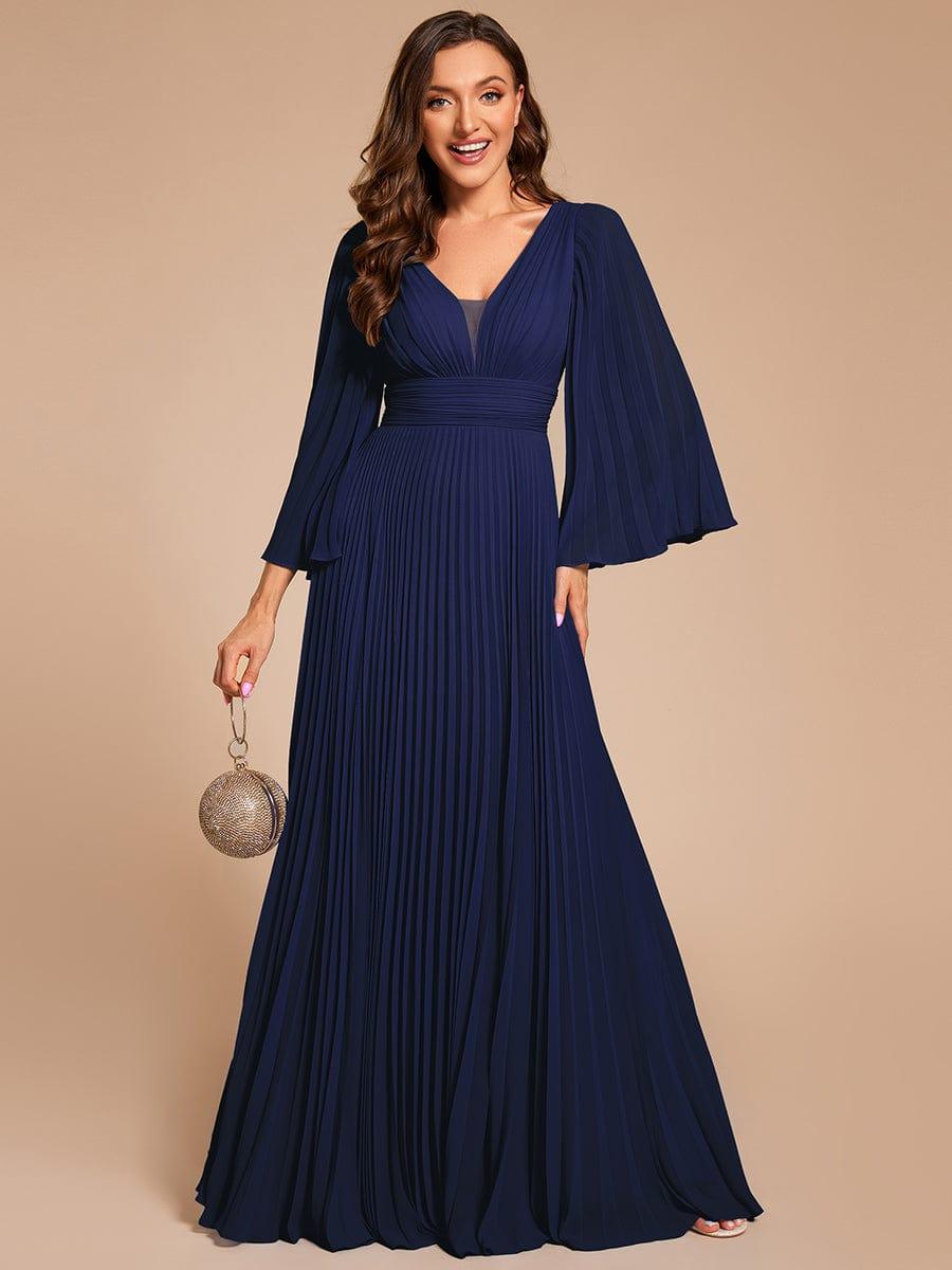 Custom Size Deep V-neck A-line Ruffles Sleeves Floor Length Chiffon Evening Dress #color_Navy Blue