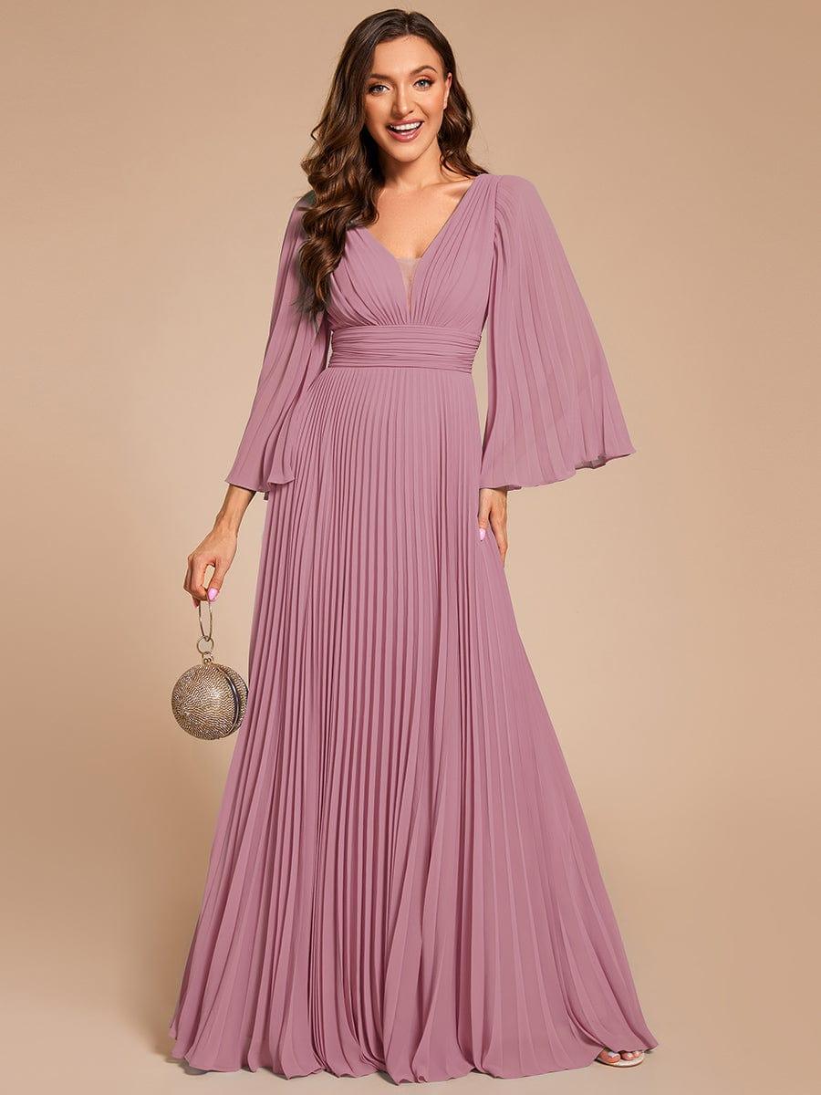 Custom Size Deep V-neck A-line Ruffles Sleeves Floor Length Chiffon Evening Dress #color_Purple Orchid