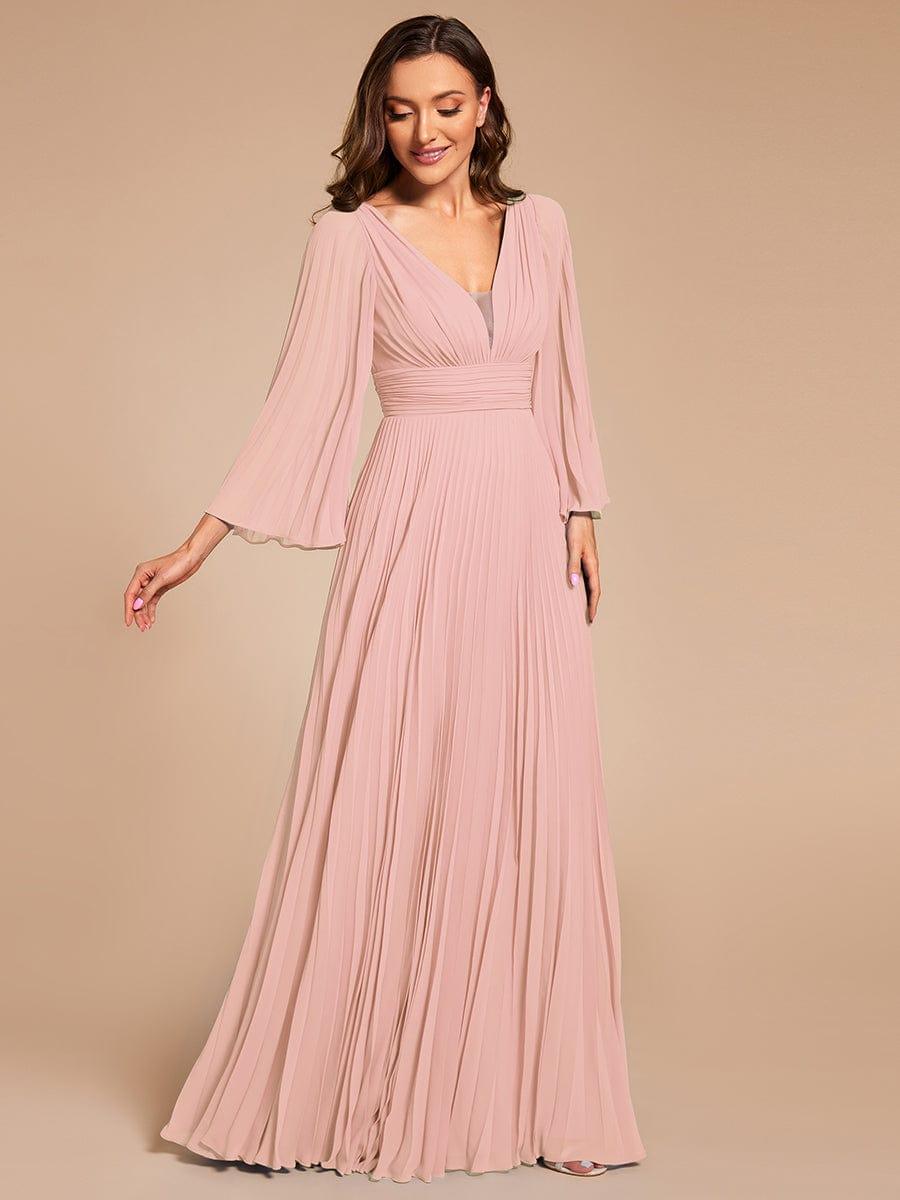 Custom Size Deep V-neck A-line Ruffles Sleeves Floor Length Chiffon Evening Dress #color_Pink