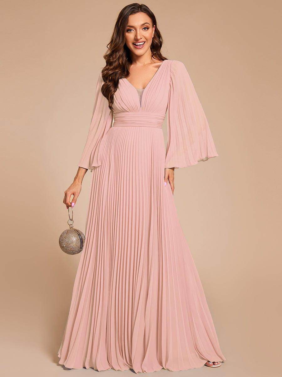 Custom Size Deep V-neck A-line Ruffles Sleeves Floor Length Chiffon Evening Dress #color_Pink