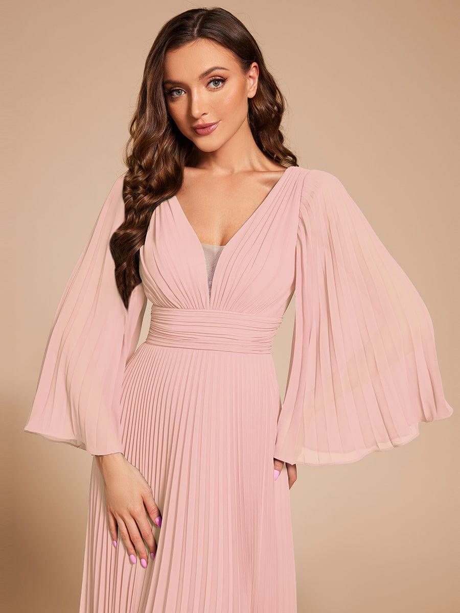 Custom Size Deep V-neck A-line Ruffles Sleeves Floor Length Chiffon Evening Dress #color_Pink