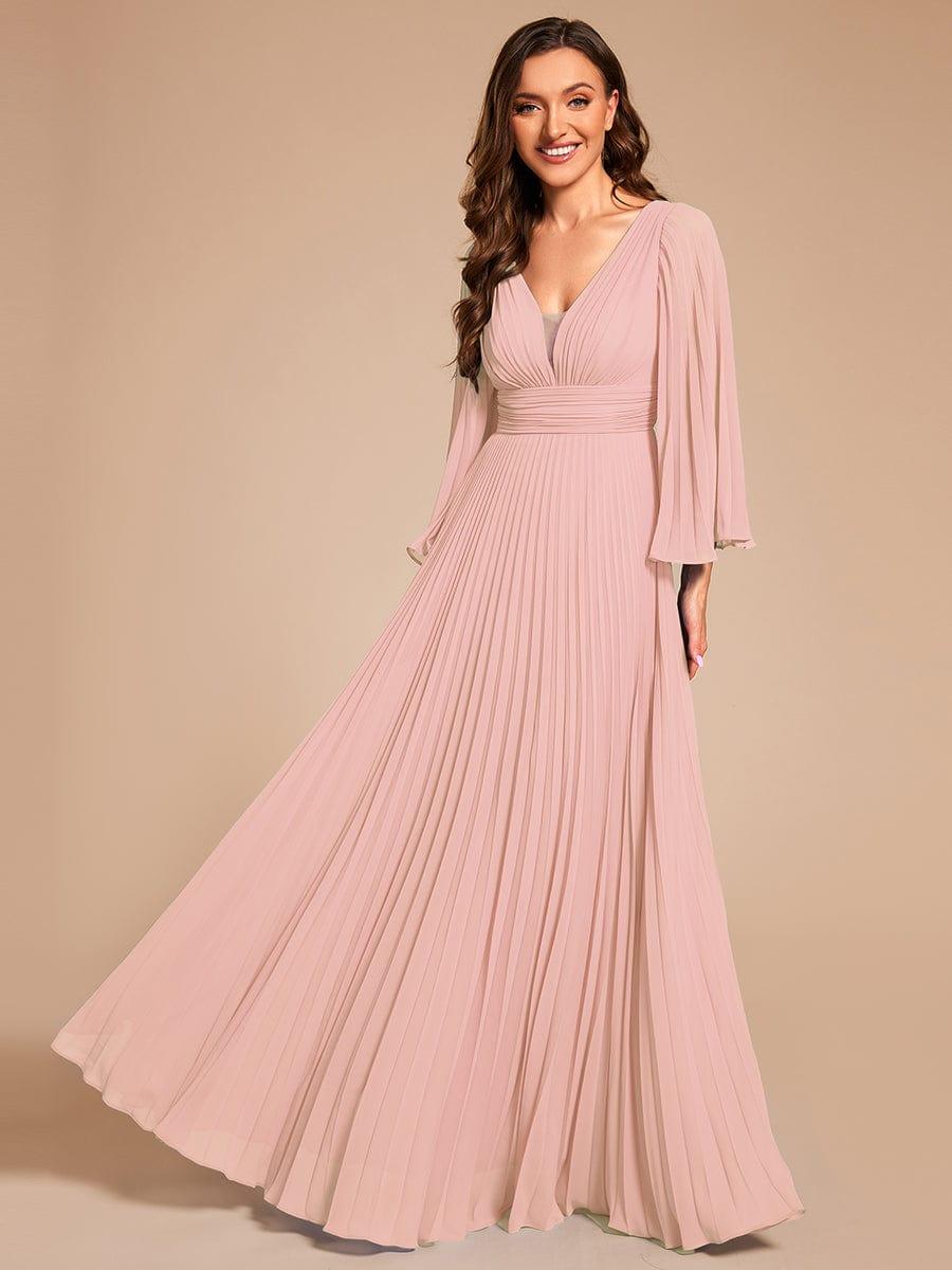 Custom Size Deep V-neck A-line Ruffles Sleeves Floor Length Chiffon Evening Dress #color_Pink