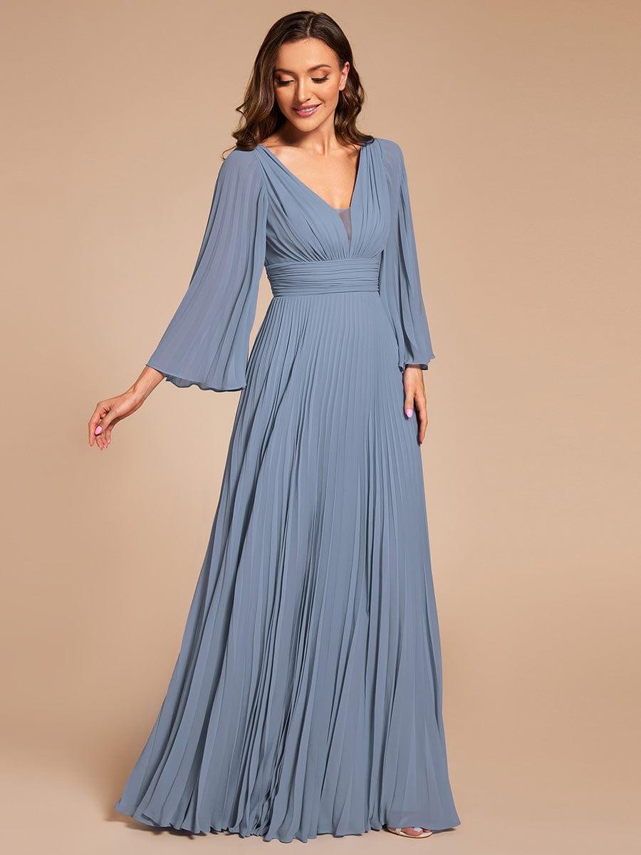 Custom Size Deep V-neck A-line Ruffles Sleeves Floor Length Chiffon Evening Dress #color_Slate Blue