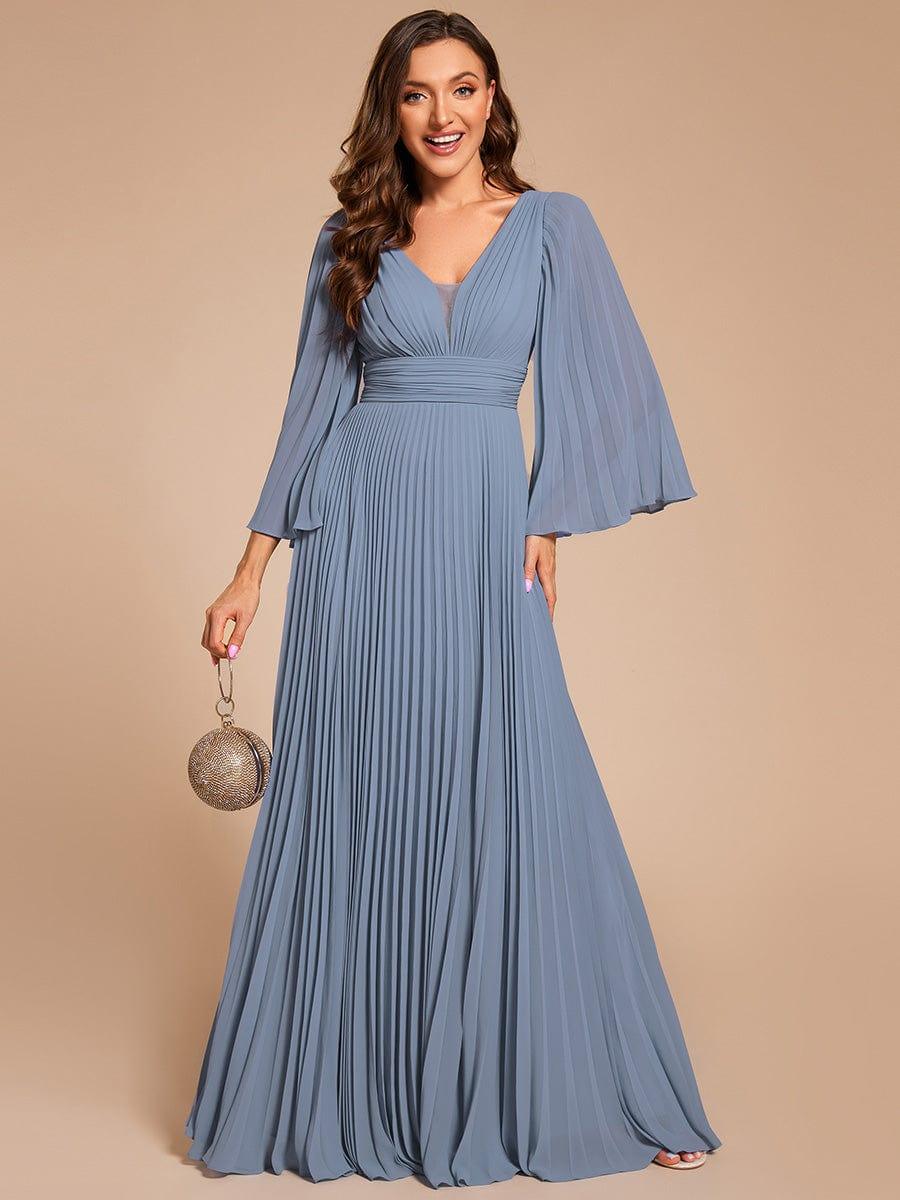 Custom Size Deep V-neck A-line Ruffles Sleeves Floor Length Chiffon Evening Dress #color_Slate Blue
