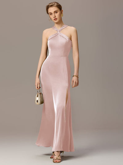 Satin Cross Halter Sleeveless Maxi Bridesmaid Dress #color_Pink