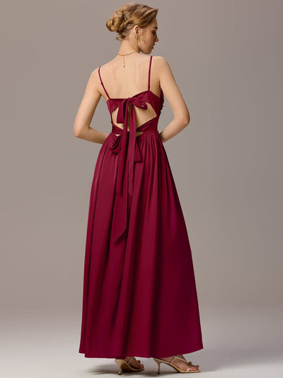 Satin Pleated Back-Tie Sleeveless Maxi Bridesmaid Dress #color_Burgundy