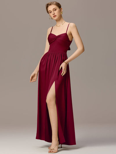 Satin Pleated Back-Tie Sleeveless Maxi Bridesmaid Dress #color_Burgundy
