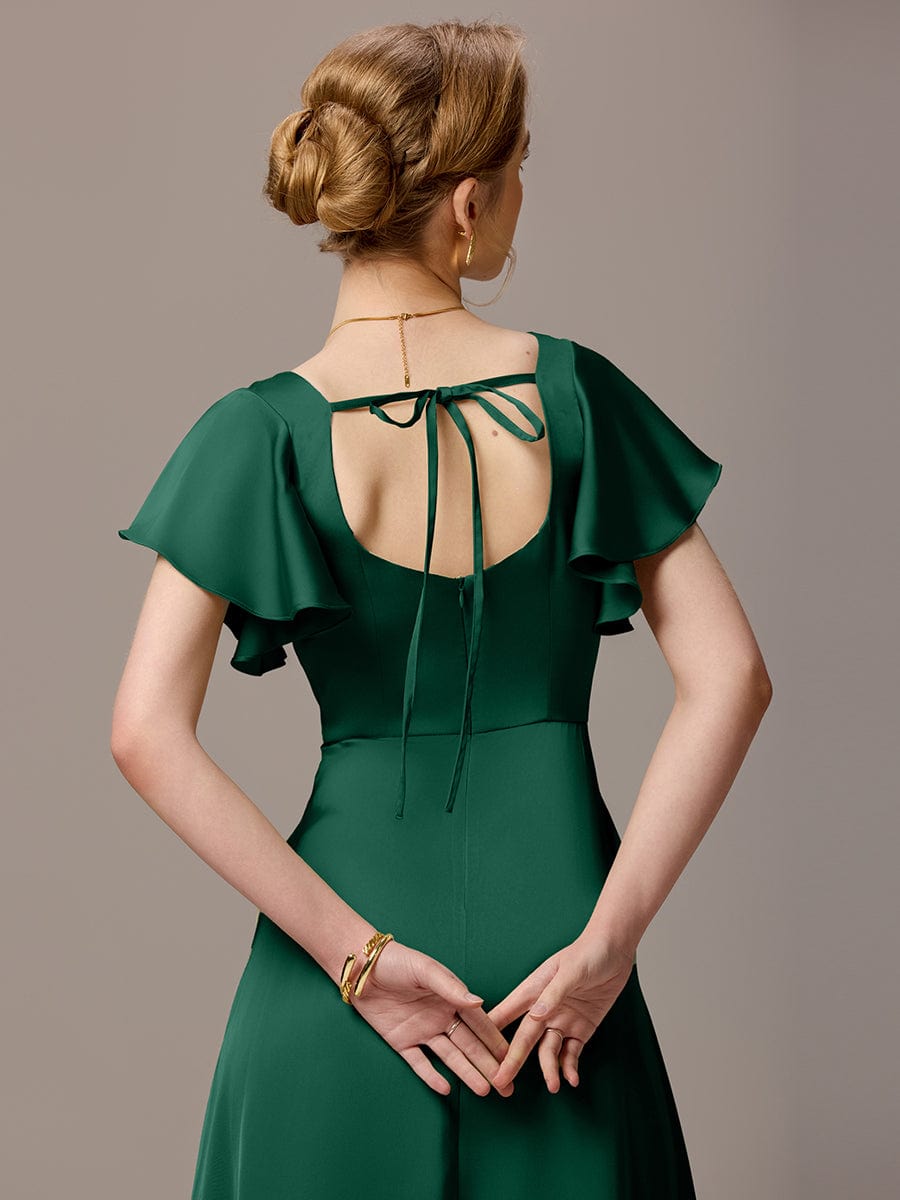 bridesmaid dresses short with sleeves Elegant Satin Square Neck Ruffled Maxi Dress Pockets Mock Neck Tie-Back Cutout