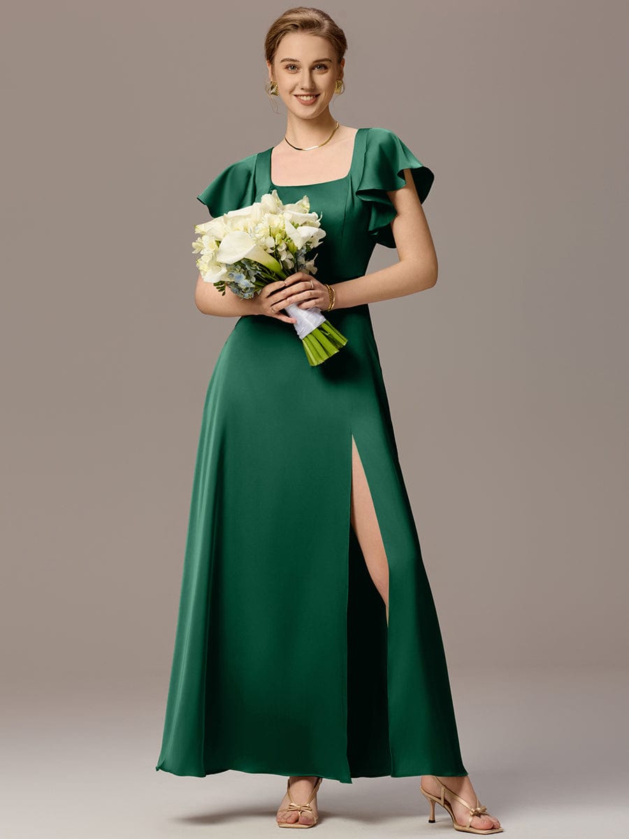 Elegant Satin Square Neck Ruffled Maxi Bridesmaid Dress with Pockets Elegant Satin Square Neck Ruffled Maxi Bridesmaid Dress with Pockets