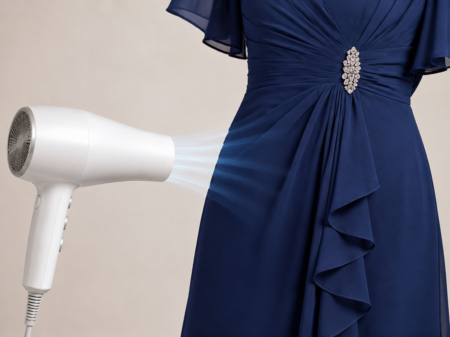 Hair dryer held away from navy chiffon