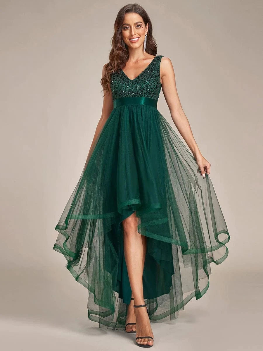 ever CALLIE|Sequin Bodice Tulle High-Low Evening Dress with Ribbon Waist