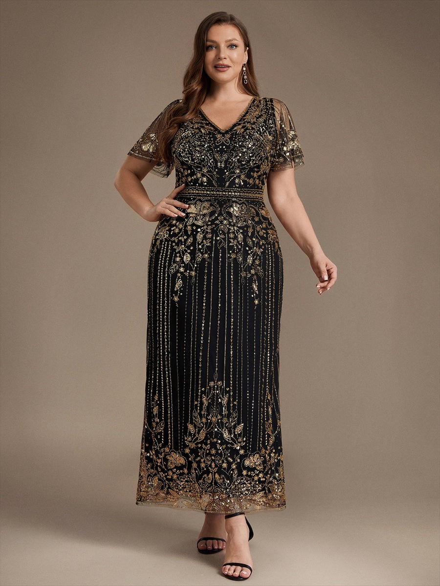 Sequin Tulle Ruffle Sleeve Cocktail Dress #color_Black & Gold