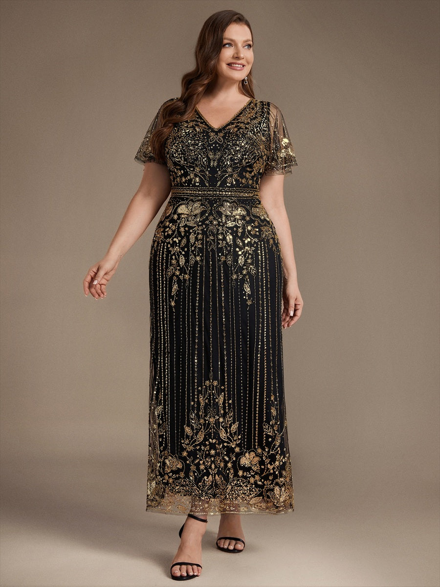 Plus Size Sequin Tulle Cocktail Dress #color_Antique Gold