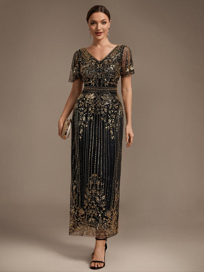 Sequin Tulle Ruffle Sleeve Cocktail Dress