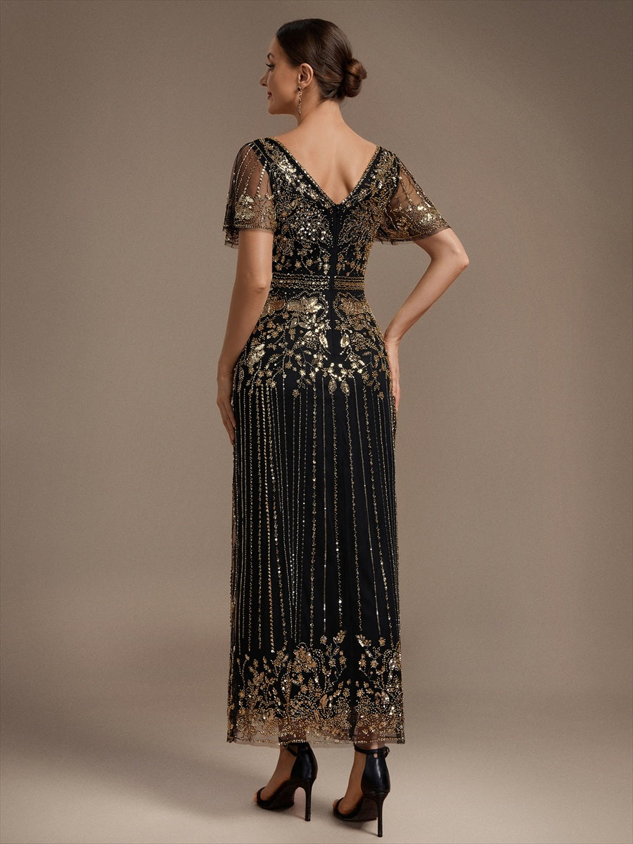 Sequin Tulle Ruffle Sleeve Cocktail Dress #color_Black & Gold