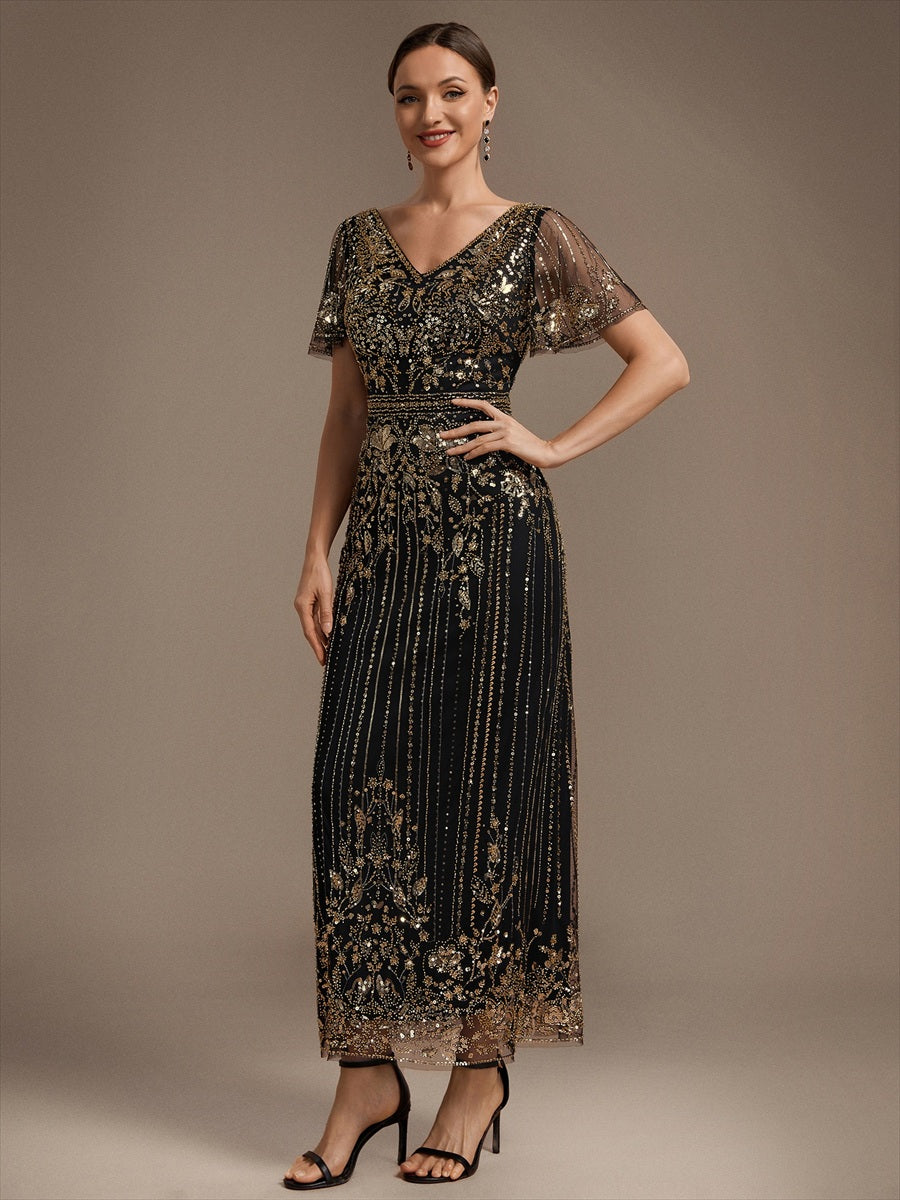 Sequin Tulle Ruffle Sleeve Cocktail Dress #color_Black & Gold