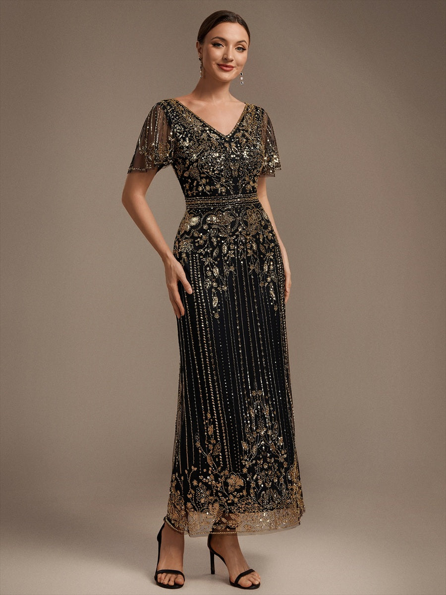 Sequin Tulle Ruffle Sleeve Cocktail Dress #color_Black & Gold