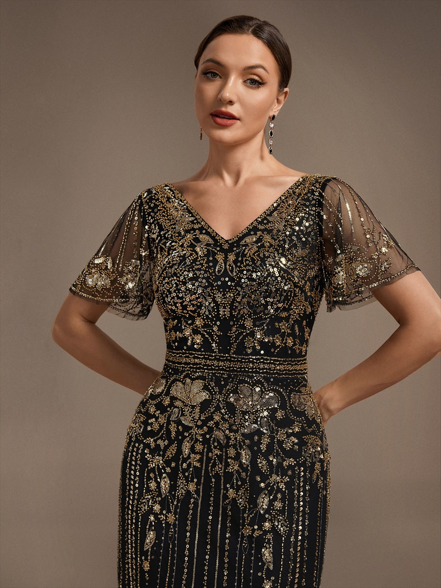 Sequin Tulle Ruffle Sleeve Cocktail Dress #color_Black & Gold